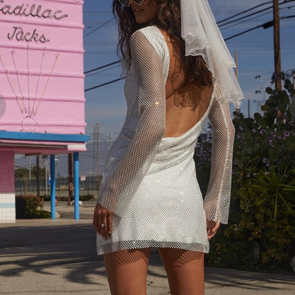 Bridal white rhinestone mesh mini dress with stunning low back!